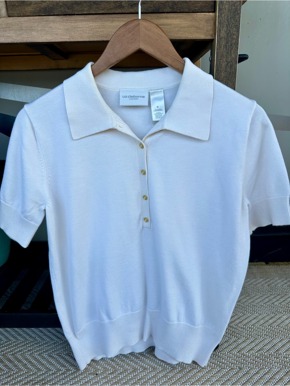 Liz Claiborne Cream Short-Sleeve Polo with Gold Buttons